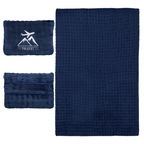 Travel Blanket and Pillow-2-in-1, Ultra-Soft&Compact,Airplane Blanket with Hand Luggage Belt and Backpack Clip,Travelers Accessories Gifts, 61x43 Inches（Navy） - color: Navy