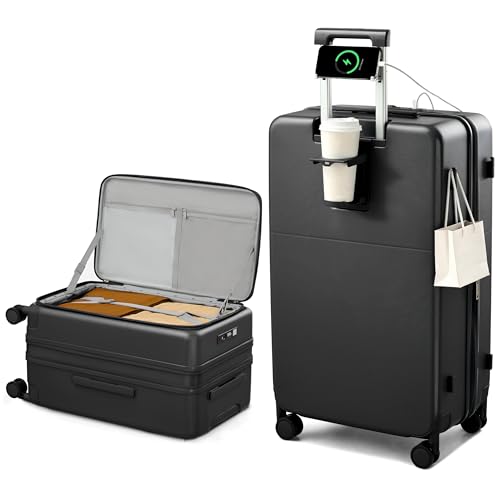 Hanke 28 Inch Expandable Checked Luggage with Cup Holder and Charger Port, Top Opening Hard Shell Large Suitcases with Wheel, Big Travel Rolling Suitcase Trunk Luggage with Lock,Jet Black - color: Jet Black, size: Expandable 28 Inch
