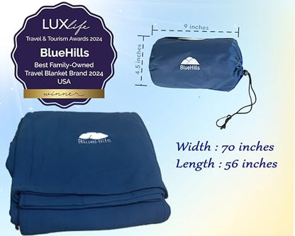 BlueHills Ultra Compact Travel Blanket Pillow in Portable Bag Case with Hand Luggage Belt & Backpack Clip Premium Cozy Soft Compact Pack Large Blanket for Airplane Flight Layover - Navy Blue C001 - color: C001-navy