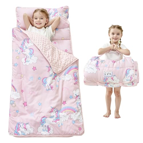 Lasoftan Toddler Nap Mat with Pillow and Blanket, Extra Large Rolled Napping Mats,Slumber Bags for Boys Girls,Kids Sleeping Bag for Daycare, Preschool Travel Camping - color: Unicorn