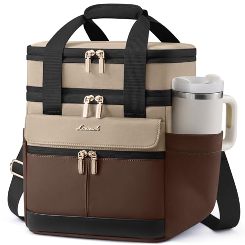 LOVEVOOK Insulated Lunch Bag Women Men,Expandable Double Deck Lunch Box for Women With Large Cup Holder,Leakproof Cooler Bag For Adult Lunch Tote Bag Work Picnic Beach with Adjustable Shoulder Strap - color: Dark Brown Contrasting Color, size: Large-15L