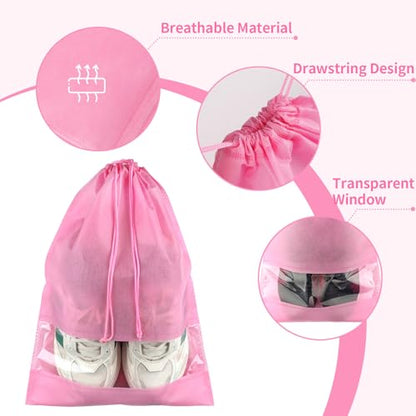 Pink Travel Shoe Bags - 5 Pcs Non-Woven Drawstring Packing Bags with Clear Window (15.7" x 11.8") - color: Pink, style: 5 Pack