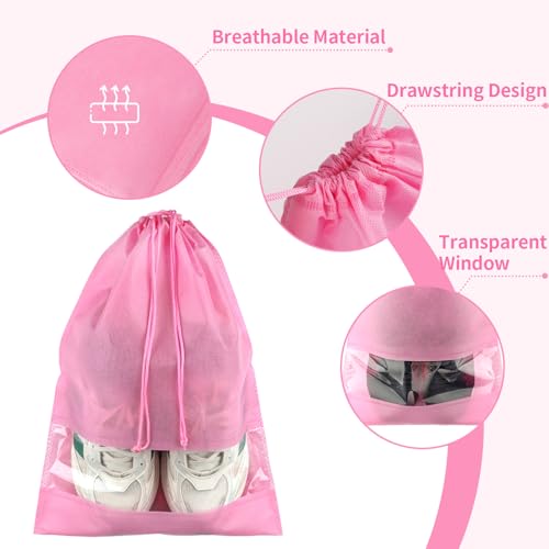 Large Pink Travel Shoe Bags - 10 Pcs, Non-Woven Drawstring with Clear Window (12.6" X 17.3") - color: Pink, style: 10 Pack