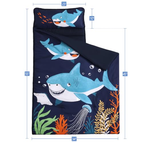 PHF Soft Toddler Nap Mat with Removable Pillow, Rollup Design Kids Sleeping Mat, Slumber Bags for Boys, 55"x23" Toddler Sleeping Bag for Daycare Preschool Travel Camping, Shark - color: Shark