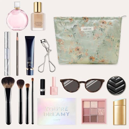 Wudygirl Aesthetic Makeup Bag Large Capacity Cosmetic Bag Canvas Makeup Pouch Toiletry Bag for Women and Girls Travel Floral Make up Bag Makeup Organizer with Zipper (Oli Rose) - color: Oli Rose