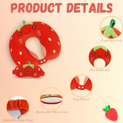 Kids Neck Pillow for Travel with Sleep Eye Mask, Cute Travel Neck Pillow, Memory Foam Flight Sleeping Headrest Pillow for Boys & Girls, Airplane, Train, Car, Home Use - Red Strawberry - color: Red Strawberry