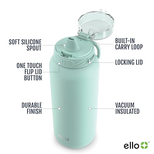 Ello Cooper 40oz Stainless Steel Water Bottle with Straw and Carry Handle, Double Walled and Vacuum Insulated Metal, Leak Proof Locking Lid with Soft Silicone Spout, Reusable, BPA Free, Yucca - color: Yucca, size: 40 Ounces
