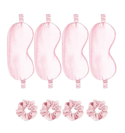 Satin Eye Mask 8Pcs Silk Sleep Masks Silky Blindfold Eyeshade Blackout Eyes Cover Scrunchies Hair Ties Travel Wedding Gifts - color: Pale Pink