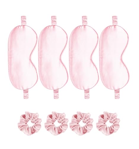 Satin Eye Mask 8Pcs Silk Sleep Masks Silky Blindfold Eyeshade Blackout Eyes Cover Scrunchies Hair Ties Travel Wedding Gifts - color: Pale Pink
