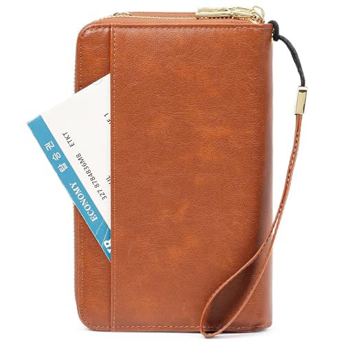 GOIACII Passport Wallet Travel Crossbody Bags for Women Wristlet Phone Purse Double Zip Vegan Leather Brown - color: A01 Brown
