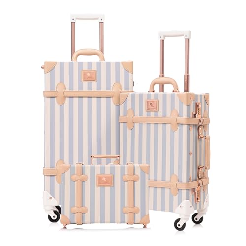 UNIWALKER Vintage Luggage Set of 3, Retro Spinner Trunk with Combo Lock for Women, Cute Designer Travel Suitcase Set with Train Case (26"+20"+12",blue strip) - color: blue strip, size: 26in+20in+12in