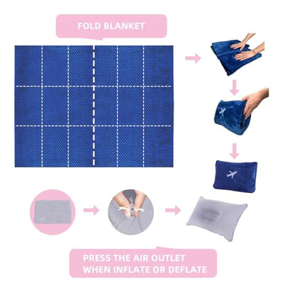 3 in 1 Travel Blanket Pillow Set - 350 GSM Thick Travel Blanket Airplane Compact with Bag, Soft Bag with a Pocket, Inflatable Travel Pillow for Camping & Car Trip (Royal Blue) - color: Royal Blue