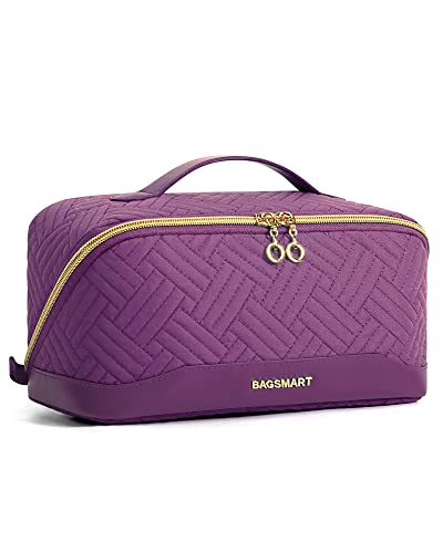 BAGSMART Makeup Bag Cosmetic Bag, Travel Makeup Bag,Water-resistent Makeup Bags for Women Portable Pouch Open Flat Make Up Organizer Bag for Toiletries, Brushes, Purple - color: 22-Purple