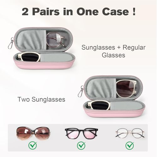 Double Eyeglasses Case, Dual Glasses Sunglasses Organizer with Zipper Closure, Eyewear Storage Box for Men Women Travel - color: Pink