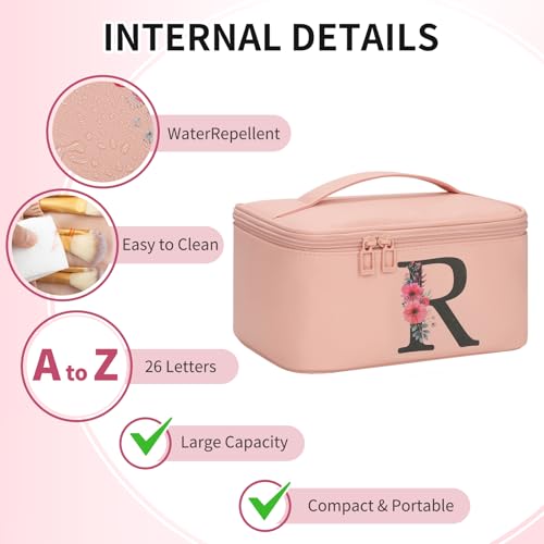 OCHEAL Initial Makeup Bag,Monogram Make up Bag Pink Travel Makeup Organizer Case Beauty Toiletry Cosmetic Bag with Brush Holder, Trendy Stuff Personalized Gifts for Women and Girls-R - color: Pink, style: R