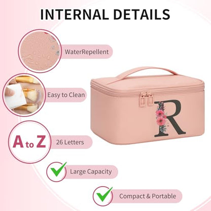 OCHEAL Initial Makeup Bag,Monogram Make up Bag Pink Travel Makeup Organizer Case Beauty Toiletry Cosmetic Bag with Brush Holder, Trendy Stuff Personalized Gifts for Women and Girls-R - color: Pink, style: R