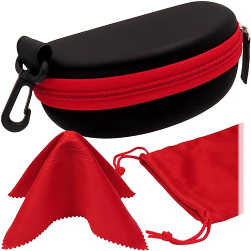 MyEyeglassCase Sports Sunglasses Case and Slim wallet Semi hard large glasses case w/belt clip soft pouch & cloth - color: B15hc Black/Red1