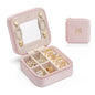 Vlando Small Travel Jewelry Box Organizer Display Case for Rings Earrings Necklaces Storage, Selected Soft Velvet, Letter M Engraved, Pink - color: b. Powder Pink M