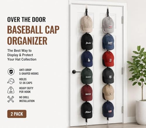 Over The Door Hat Organizer for Baseball Caps, Anti-Drop S Hooks, Holds 12-36 Caps, Adjustable Door Hat Rack, No Drill Installation, Also Great for Bags & Accessories