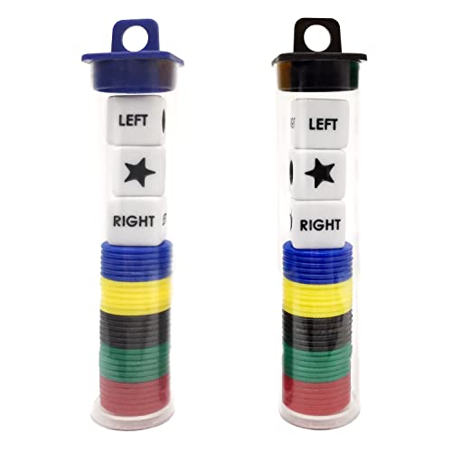 Ahoper Left Right and Center Dice Game Prime Set Bundle with 3 Dices + 30 Chips - 2 Sets Assorted Colors Round Tube Storage is Very Convenient for Travel. Easy to Store, Carry Around.(2 Pack) - size: 1 in x 2 in x 5.11 in