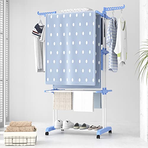 HOMIDEC Clothes Drying Rack, Large 4-Tier Foldable Drying Rack Clothing (67.7H x 19.7W x 30L Inches), Movable with 4 Castors. Multifunctional Stainless Steel Laundry Drying Rack, Blue - color: Blue