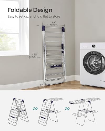 SONGMICS Clothes Drying Rack, Foldable 2-Level Laundry Drying Rack, Free-Standing Laundry Airer, with Height-Adjustable Wings, 33 Drying Rails, Sock Clips, Silver and Blue ULLR53BUV1 - color: Silver + Blue, size: 2 Tiers（22"d x 61.8"w x 64.3''h )