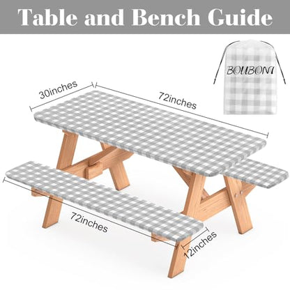 3 Pcs Set Fitted Picnic Table Cover with Bench Covers Vinyl Camping Table Cloth Flannel Backing Picnic Table Cloth for 6ft Tables Camping Outdoor (Gray Checked, 30 x 72 Inches) - color: Gray and White Plaid