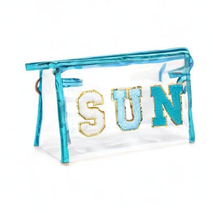 Y1tvei Preppy Patch SUN Varsity Letter Cosmetic Toiletry Bag Transparent PVC Zipper Makeup Bag Clutch Purse Portable Waterproof Travel Organizer Compliant Bag for Women Girls Teens (Blue) - color: Blue SUN Blue