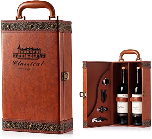 Wine Gift Box with 4 Wine Accessories Set,Portable Two Bottle Wine Carrier Case for Christmas,Wedding, Anniversary, Party,Vintage Leather Wine Storage Box for Home Bar Decor and Wine Collection