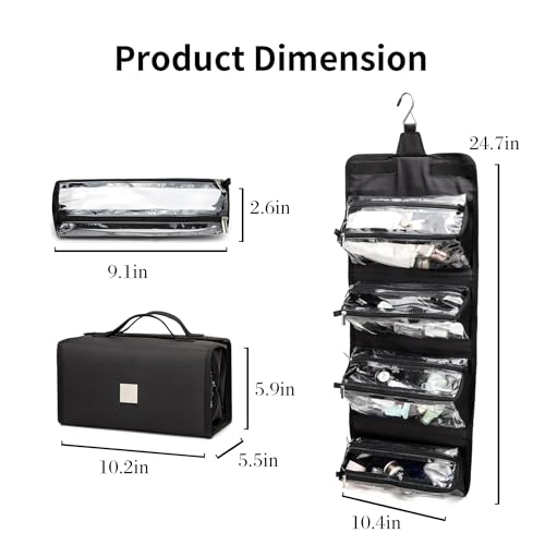 ROYALFAIR Roll Up Makeup Bag, Travel Toiletry Bag for Women with 4 Clear TSA Approved Pouches, Hanging Travel Organizer, Folding Cosmetic Bag for Men and Women - color: Black