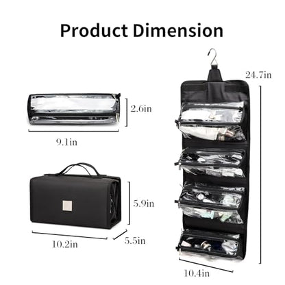 ROYALFAIR Roll Up Makeup Bag, Travel Toiletry Bag for Women with 4 Clear TSA Approved Pouches, Hanging Travel Organizer, Folding Cosmetic Bag for Men and Women - color: Black