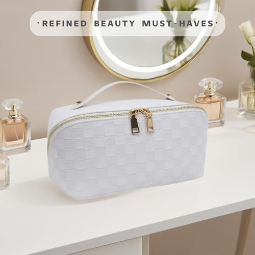 Travel Makeup Bag – Large Cosmetic Organizer with Waterproof PU Leather, Smooth Double Zipper & Tear-Resistant Lining, Toiletry Pouch for Women (White) - color: 02-White