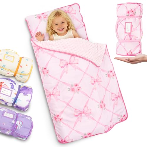 Primlect Thickened Toddler Nap Mat with Removable Pillow and Minky Blanket, Extra Large 55''x35'' Sleeping Bag, Washable, Roll up, Perfect for Daycare, Preschool, Kindergarten, Boys and Girls Bow - color: Pink Bow