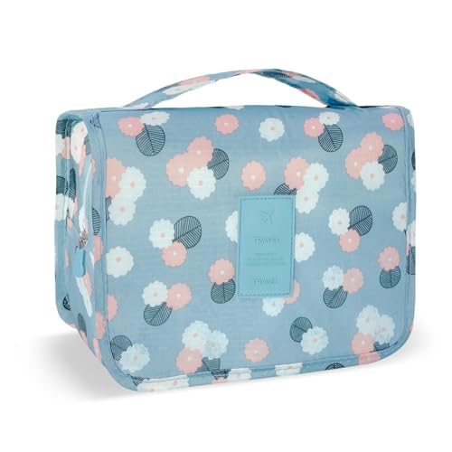 Portable Hanging Toiletry Bag for Travel,Small Multifunctional Makeup Cosmetic Bag for Women,Waterproof Travel Toiletries Organizer,Shower Bathroom Pouch with Hook for Gym,Camping - Blue Flower - color: Blue Flower