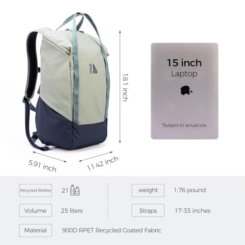 INUK Laptop Backpack for College Students & Work, 25L Lightweight Waterproof Backpack for Business Travel, Hiking Daypack with Padded Sleeve and Safety Whistle, Made from Recycled Materials，Sage Leaf
