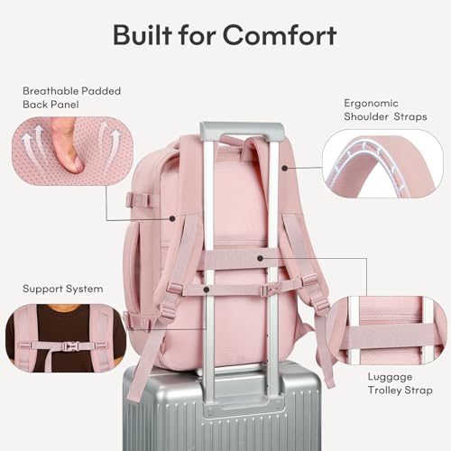 mibasies 40L Travel Backpack for Women & Men: Flight Approved Carry On Backpack, TSA Personal Item Bag with Water Bottle Pocket, Weekender Essentials Backpacks fits 17" Laptop - Pink - color: Pink, size: X-Large