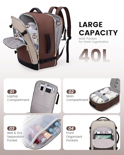LOVEVOOK Large Travel Backpack for Women, TSA Carry on Backpack for Airplanes, 40L Personal Item Travel Bag for Women fits 17" Laptop,Waterproof Carry on Bag Airplane Approved with 3 Packing Cubes - color: Dark Coffee - Abricot - Black, size: 40L-4Pcs