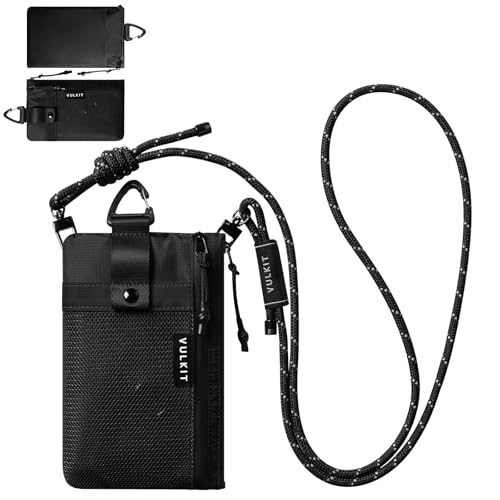 VULKIT RFID Blocking Travel Wallet for Men Women, Water Resistant Passport & Phone Holder with Detachable Lanyard and Key Ring, Lightweight Zipper Travel Wallet - color: Black