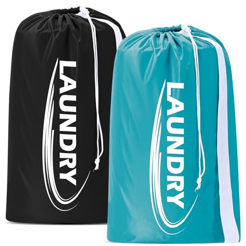 Sylfairy 2 Pack XL Laundry Bag with Strap,Heavy Duty Travel Laundry Bag,Rip-Stop Dirty Clothes Shoulder Bag with Drawstring,Easy Fit a Laundry Hamper or Basket Travel Essentials - color: Black+Blue