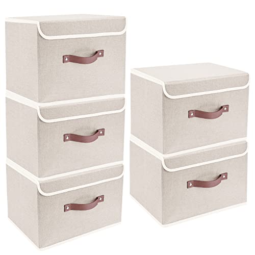 TYEERS Foldable Storage Boxes with Lids 5 Pack Fabric Storage Bins with Lids, Closet Organizers for Clothes Storage, Room Organization, Office Storage, Toys - Beige - color: Beige, size: 5-pcs 14.9x9.8x9.8 in