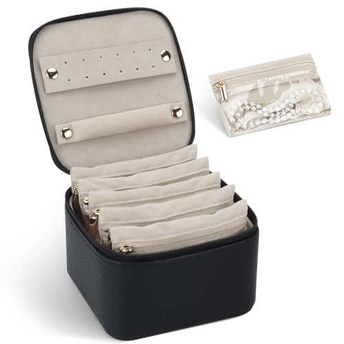 DesignSter Small Jewelry Box, Travel Small Jewelry Organizer with Earring Tray and Ring Holder, Square Travel Jewelry Storage Case with 6 Velvet Jewelry Pouches, Black - color: Black