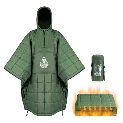 ONETIGRIS Camping Blanket Poncho with with Recycled Synthetic Insulation,Wearable Hoodie Blanket | Ultralight Water-Resistant Warm Camping Blanket for Outdoor, Hiking, Stadium - color: 1pc-green