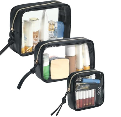 3-Piece Travel Makeup Bag Clear Waterproof Toiletry Bag Set Large, Medium Small Sizes Travel Toiletry Organizer Pouch Cosmetic Storage for Bathroom (Black)