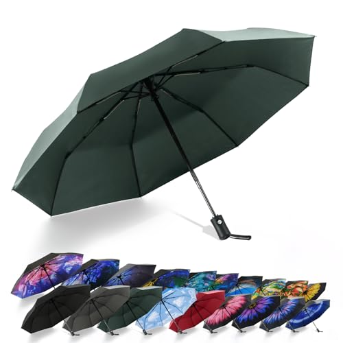 SY COMPACT Travel Umbrella - Windproof Automatic Compact Umbrella for Rain, Lightest 8-Rib, Small, Strong & Portable, Durable Grip, Fits Backpack & Car, Factory Direct (UV Available) - color: Dark green