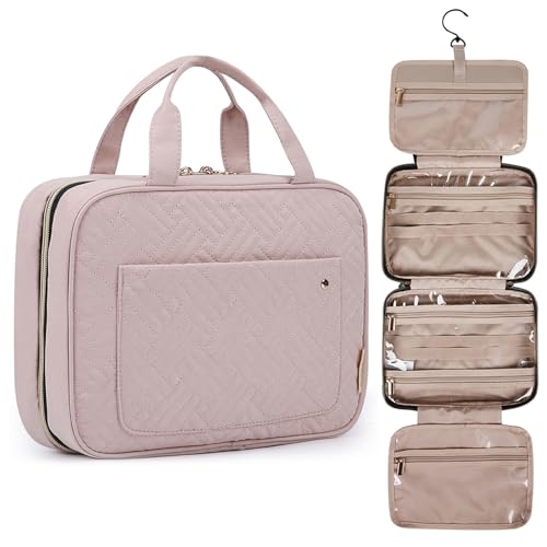 BAGSMART Large Toiletry Bag Travel Bag with Hanging Hook, Water-resistant Makeup Cosmetic Bag Travel Organizer for Accessories, Shampoo, Full Sized Container, Toiletries - color: Baby Pink, size: Large