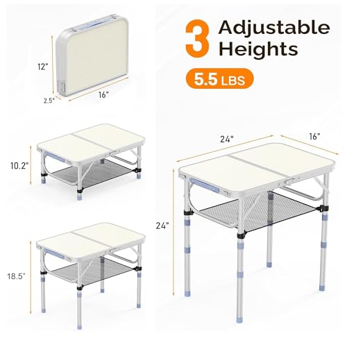 Small Folding Table Portable, 2ft Camping Pinic Table with 3 Adjustable Height, Aluminum Foldable Lightweight Patio Side Table with Carry Handle for Outdoor Indoor Hiking Camp BBQ Beach (White) - color: White