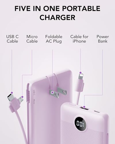 VRURC Portable Charger Built-in Cables and AC Wall Plug,USB C Power Bank 10000mAh, Travel Essentials Phone Charger Compact Lightweight External Battery Pack for Smart Phones, Tablets etc (Purple) - color: Purple