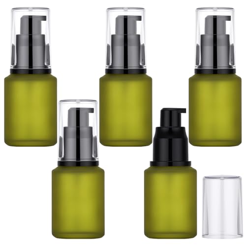 Segbeauty 1oz Frosted Glass Empty Travel Size Containers for Creams, 5pcs Refillable Lotion Pump Bottle Dispenser, 30ml Small Liquid Travel Containers, Green Mini Lotion Container Pump Dispensers - color: Green, style: 5pcs 1oz