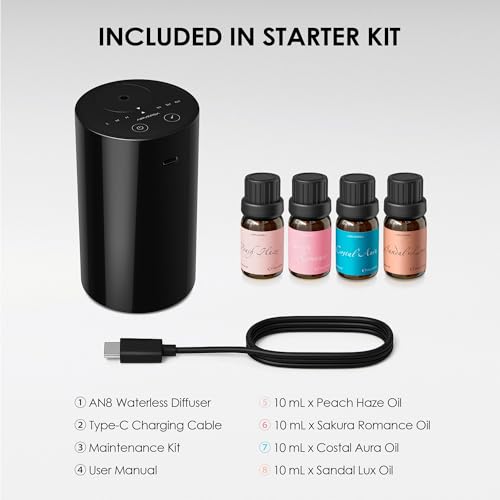 Airversa Waterless Essential Oil Diffuser Starter Kit with 4 x 10mL Fragrance Oil, Battery Operated Mini Scent Air Machine Portable Diffuser for Home Car Office, AN8 Kit2 Black - color: A1 Black1