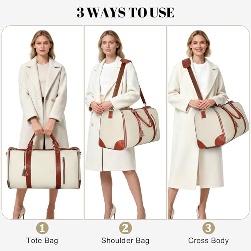 Geestock Garment Duffle Bags for Travel, Convertible Carry On Garment Bag with Shoe Pouch & Shoulder Strap, 2 in 1 Foldable PU Leather Suit Travel Bag for Women & Men, Beige - color: Beige & Brown